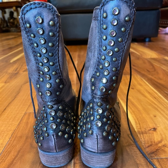 Gianni Bini Brown Lace Up Rhinestone Stud Boots - Picture 3 of 5